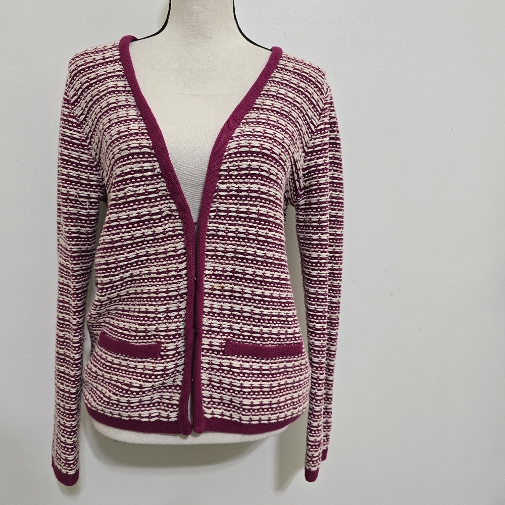 MERONA size Medium Textured Stitch Cotton Hook and Loop Cardigan Sweater Magenta